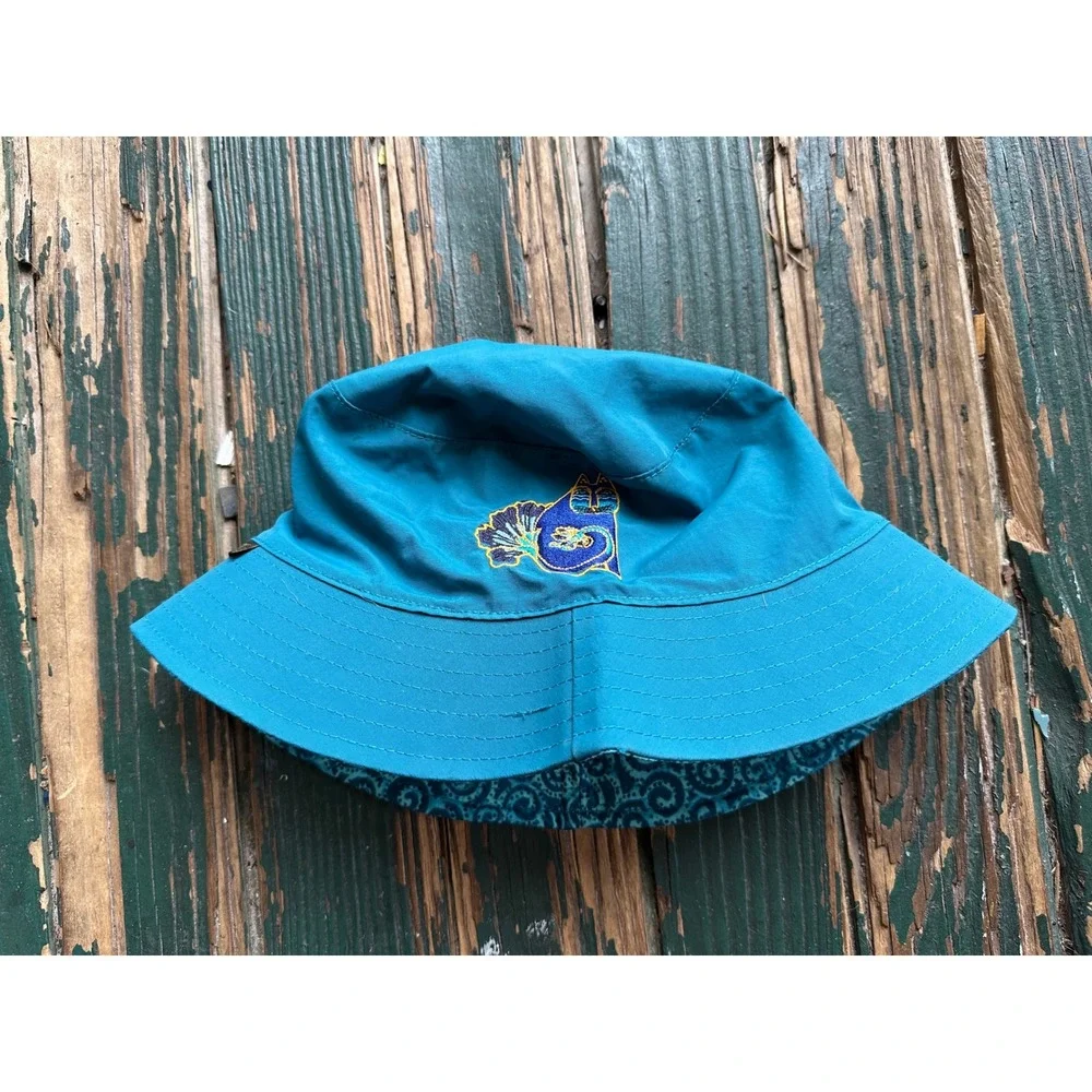 Reversible Teal Bucket Hat Embroidered Cat Paisley Print Sun Hat A3663